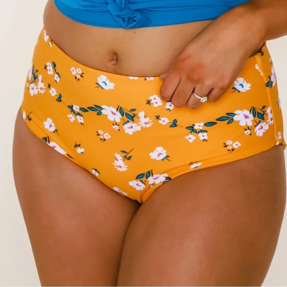 Coral Reef Lagoon Reversible High Waist Swim Bottoms Yellow Mango Floral XL